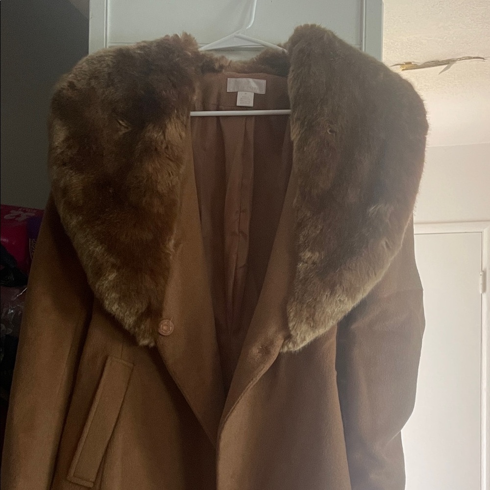 Rachel Parcel Brown Faux Fur Collar Coat